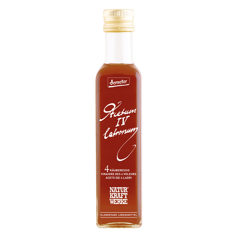 Vinaigre des 4 Voleurs bio Demeter 250 ml, macéré avec 11 herbes et épices, conditionné en verre opaque.