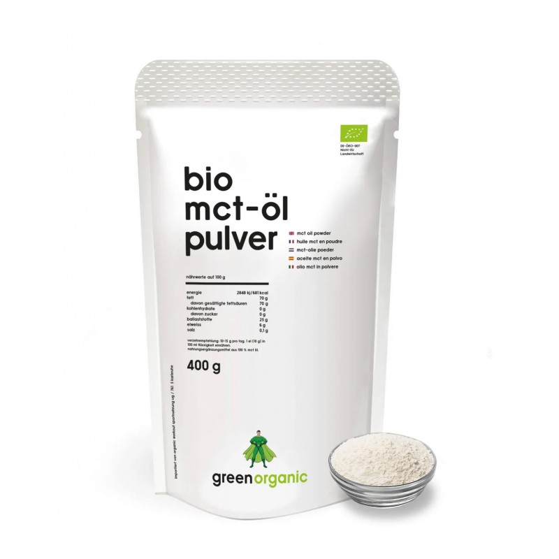 MCT en poudre bio greenorganic 400 g, aussi appelé TCM, à base d’huile MCT et de fibres d’acacia bio, facile à mélanger.