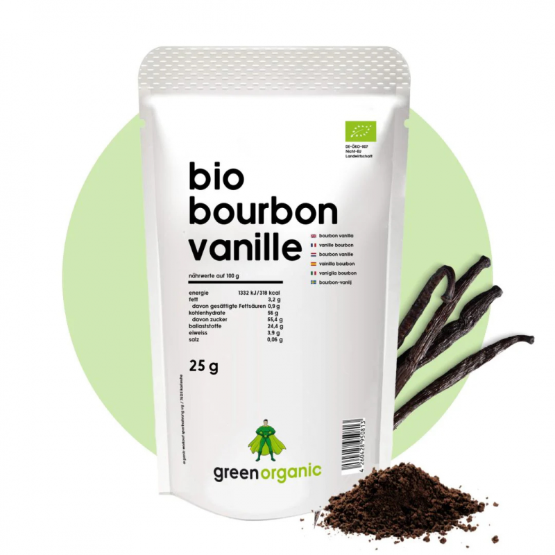 Vanille Bourbon bio GREENORGANIC moulue, 100 % naturelle, sans additifs, idéale pour pâtisserie, desserts, boissons - format 25g