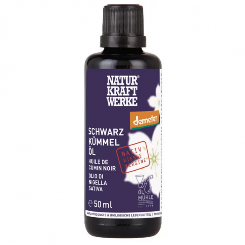 Huile de cumin noir vierge Demeter 50 ml NaturKraftWerke, non filtrée, pressée à froid, flacon en verre violet.