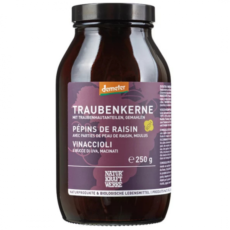Farine de pépins de raisin bio Demeter avec peau, 250 g. Riche en fibres, OPC et resvératrol. Vegan, crue, moulue à froid.