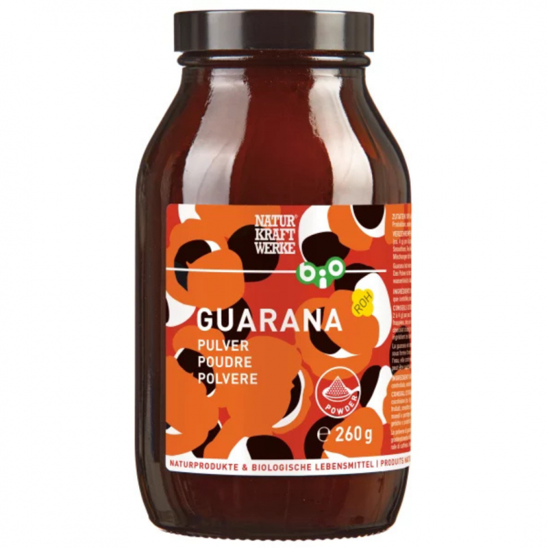 Poudre de guarana bio 260 g NaturKraftWerke en pot verre brun. Riche en caféine naturelle. Énergie douce et durable.