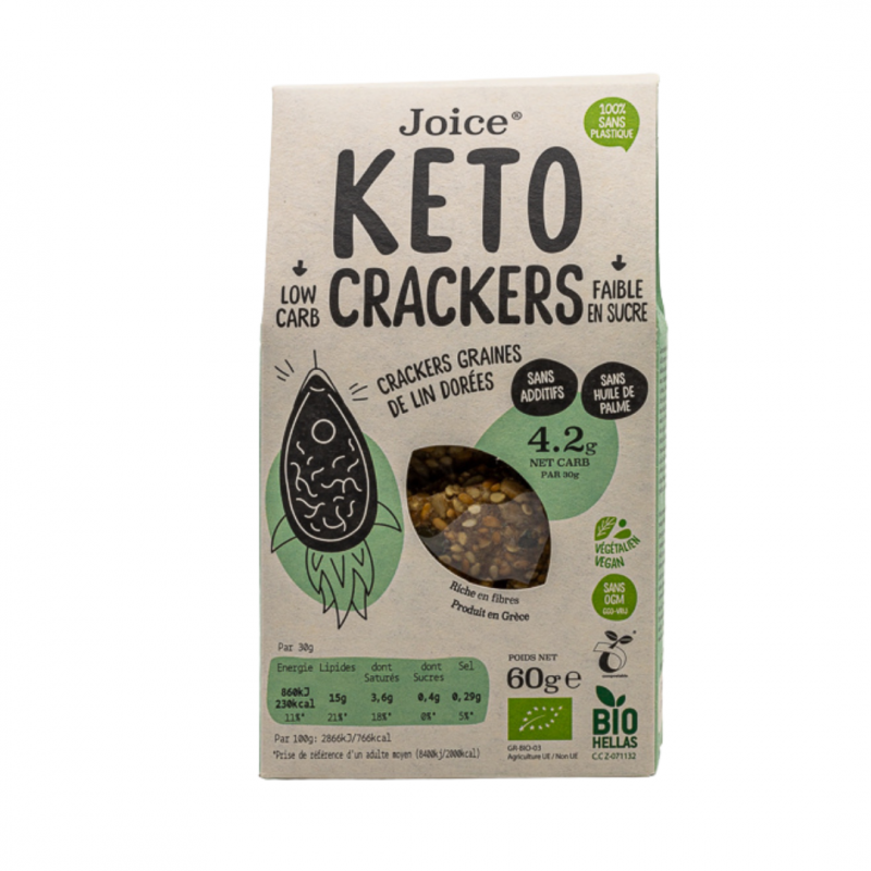 Crackers keto bio aux graines de lin dorées – 60g. Vegan, riches en fibres, pauvres en glucides. Sans céréales, sans plastique.