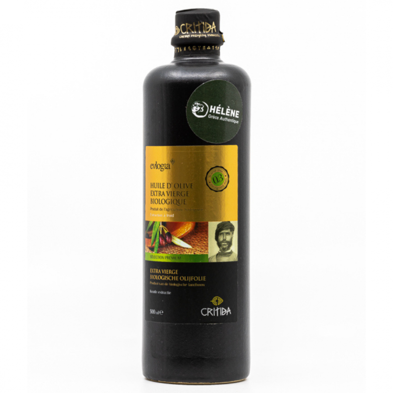Huile d’olive vierge extra bio Critida, AOP Messara, 500 ml, Crète. Bouteille céramique, riche en antioxydants.