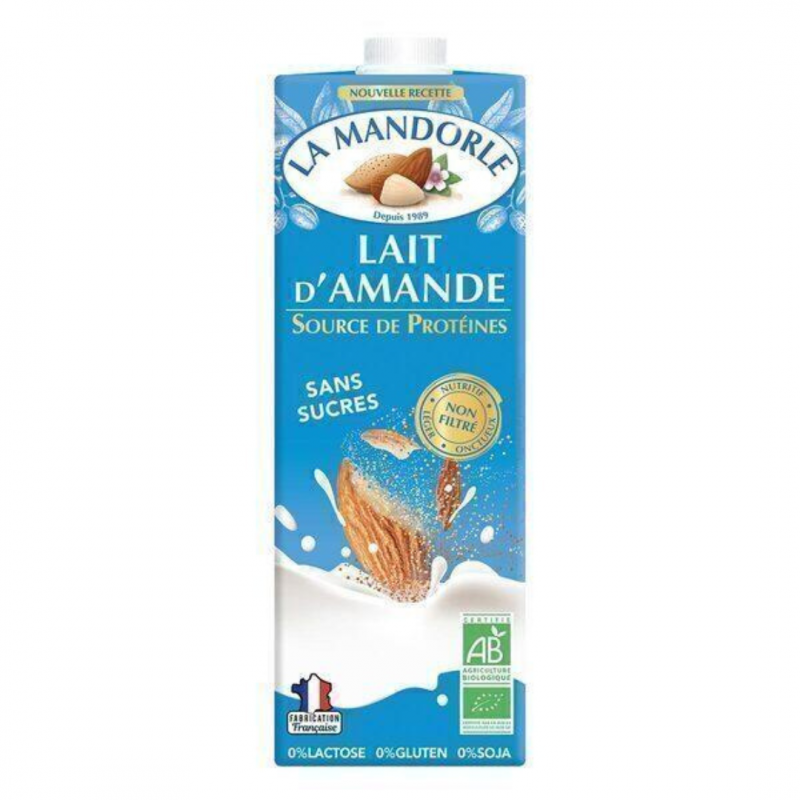 Lait d’amande bio sans sucre La Mandorle 1L – Boisson végétale sans gluten, riche en protéines et sans sucres ajoutés.