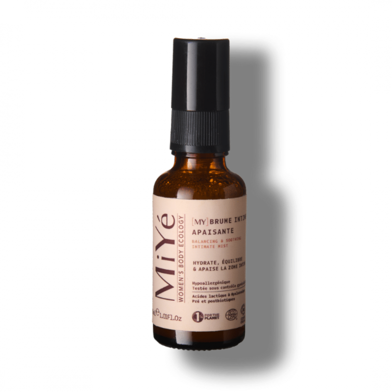 Brume intime bio Miyé – Apaisante, hydratante et sans rinçage, idéale en cas de ménopause, grossesse, post-partum.