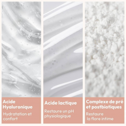 Brume intime bio aux actifs hydratants et protecteurs : aloe vera, acide hyaluronique, acide lactique, lactobacilles.
