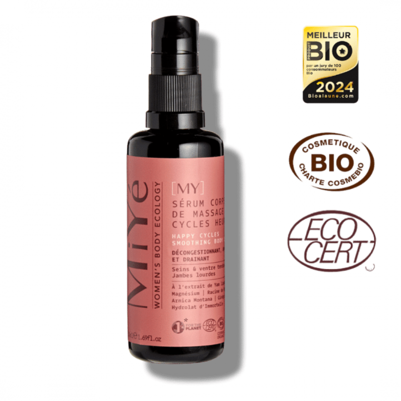 Sérum bio 50 ml Miyé – Apaisant et drainant pour seins, ventre, jambes. Texture sèche. Idéal SPM et ménopause.
