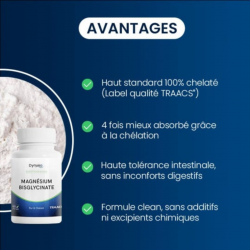 Magnésium bisglycinate chélaté Dynveo en poudre 250 g – pur, sans additif, forme hautement assimilable, avantages