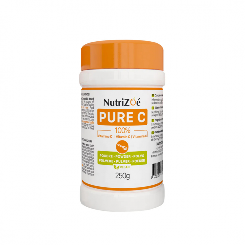 Vitamine C pure en poudre 250g Nutrizoé : origine végétale, 100 % acide L-ascorbique, sans excipients, doseur inclus.