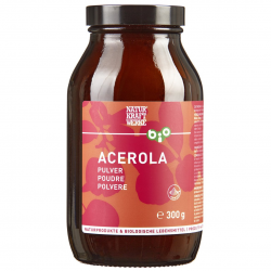 Poudre d’acérola bio Naturkraftwerke 300 g : 100 % jus lyophilisé, 175 mg de vitamine C/g, sans additifs, en pot verre.