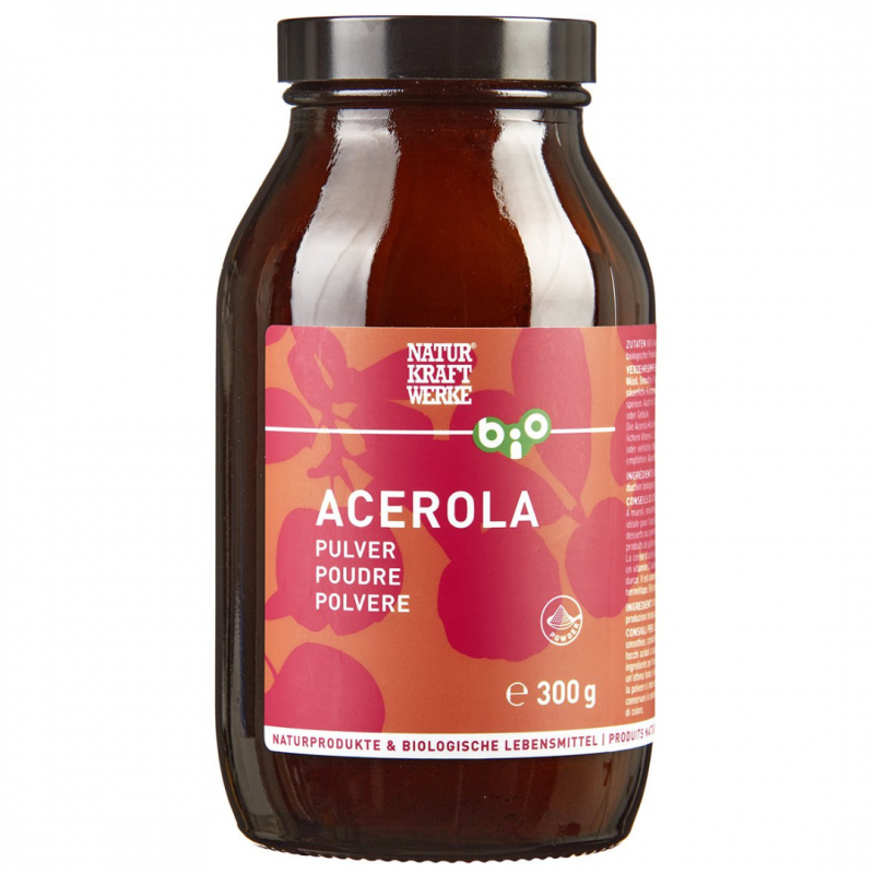 Poudre d’acérola bio Naturkraftwerke 300 g : 100 % jus lyophilisé, 175 mg de vitamine C/g, sans additifs, en pot verre.