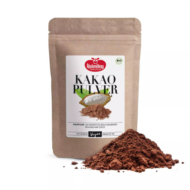 Poudre de cacao Criollo bio non torréfiée Keimling 200g, riche en minéraux, arôme intense, sachet sans aluminium.