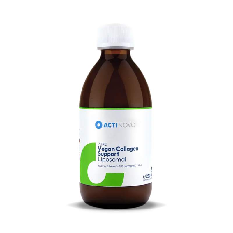 Flacon de Vollagen® liposomal, support végétal pour la production de collagène, 250 ml, adapté à une alimentation vegan.