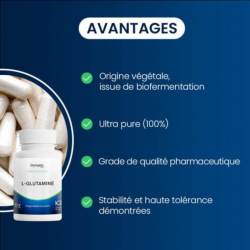 Pot de L-Glutamine Dynveo  – acide aminé vegan, produit en bio-fermentation, grade pharmaceutique BioKyowa®