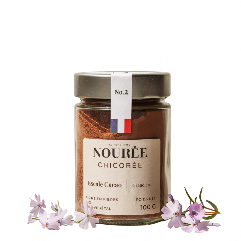 Chicorée bio au cacao cru Nourée – Escale Cacao Grand Cru 100 g, boisson intense riche en fibres.