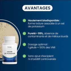 Flacon Dynveo Iodure de Potassium – 60 gélules, 100 % VNR, sans additifs ni conservateurs.