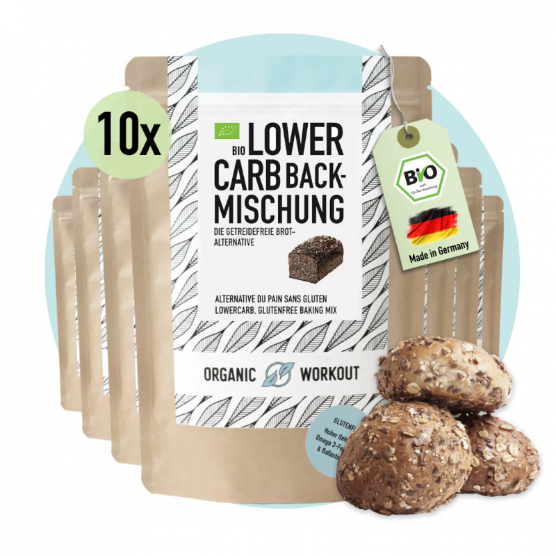 Lot de 10 préparations bio pour pain ultra low carb Organic Workout, sans gluten et vegan, sachets de 350 g.