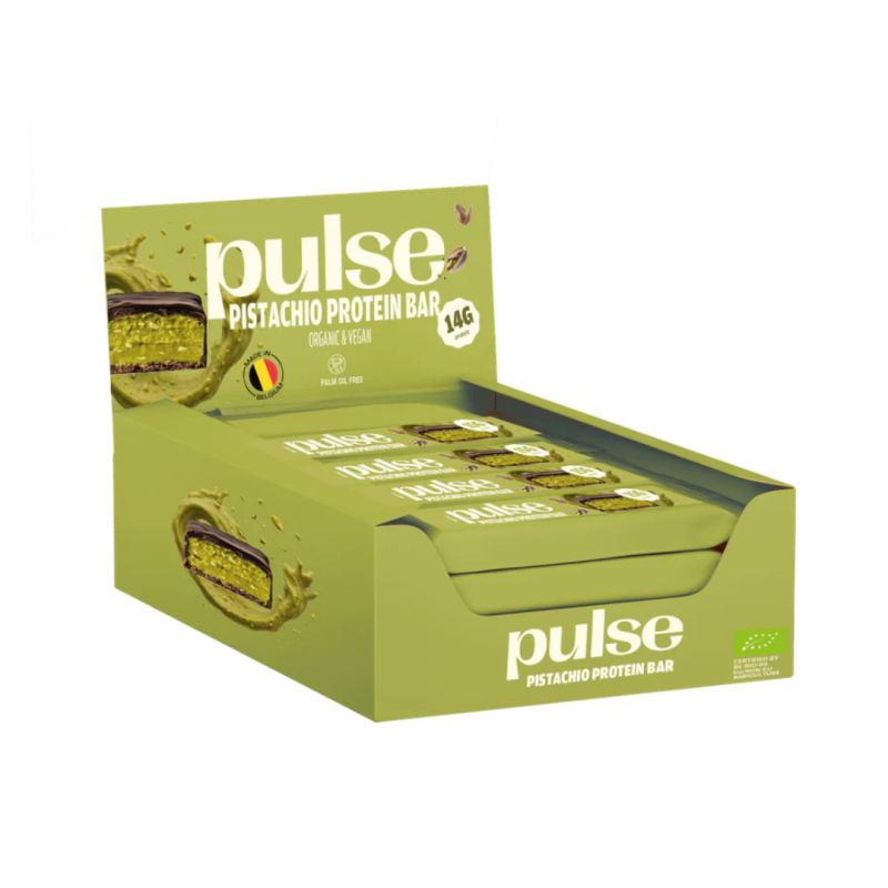 Barres vegan Pulse pistache bio 12x55 g, chocolat noir, vrais morceaux de pistache, 14 g protéines/barre.