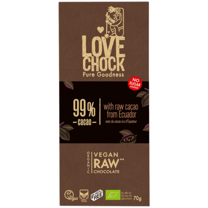 Chocolat noir Lovechock 99 % cacao raw bio 70 g, vegan, sans sucre raffiné, emballage compostable.