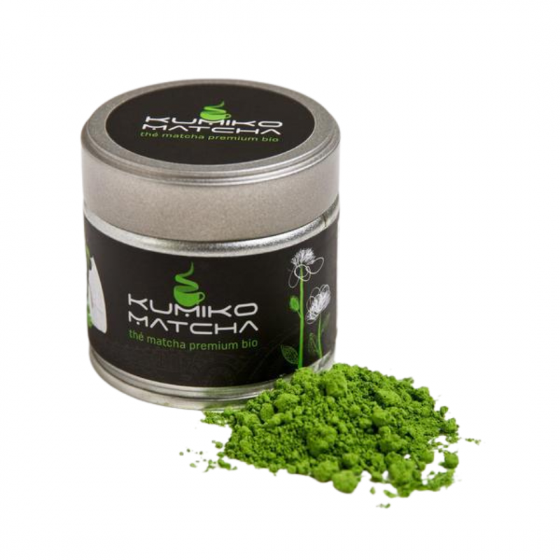 Thé matcha premium bio Kumiko Matcha 30 g, récolte unique au Japon, poudre fine vert jade.