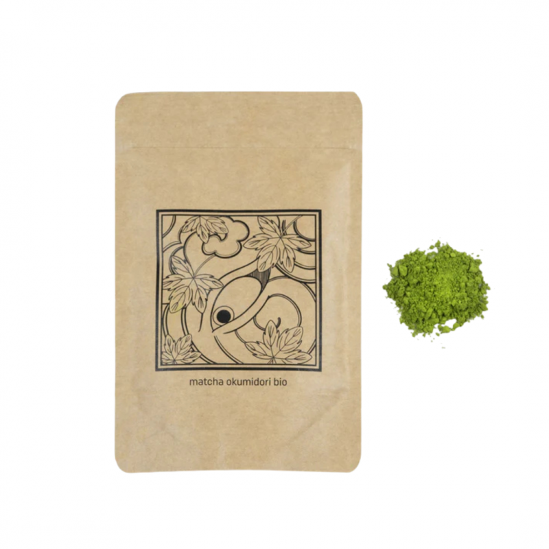 Thé matcha bio Okumidori Kumiko Matcha 50 g, cépage unique japonais, saveur florale et umami.