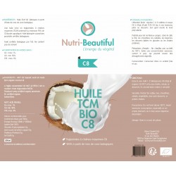 Étiquette Huile TCM C8 Bio 500ml - Nutri-Beautiful, composition, conseils d'utilisation et certification bio.