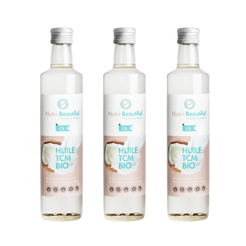 Pack 3 bouteilles huile TCM C8 bio Nutri-Beautiful, routine 3 mois, C8 pur en bouteille verre