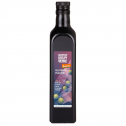 Huile d’olive extra vierge Demeter Sicile 500 ml – variétés Nocellara del Belice et Biancolilla – verre violet protecteur.