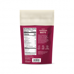 Sachet de poudre de betterave fermentée Dr. Mercola avec descriptif, conseils d’utilisation et informations nutritionnelles.