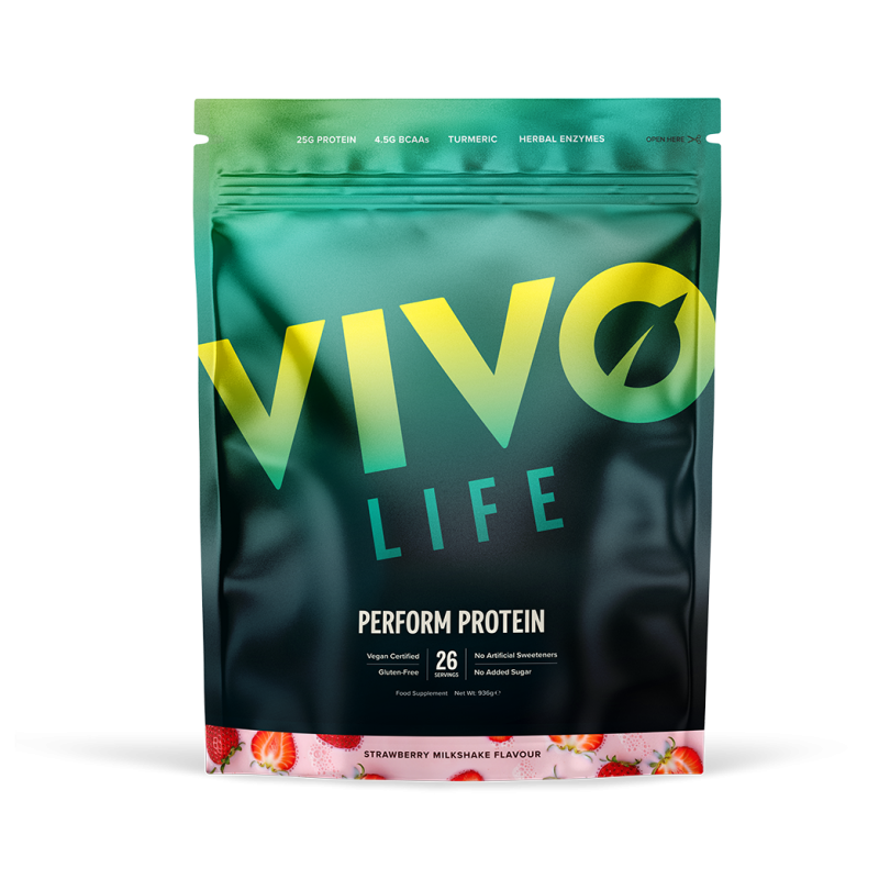 Sachet Vivo Life Perform Protein Milkshake Fraise 936 g, protéine végétale complète vegan et sans gluten.