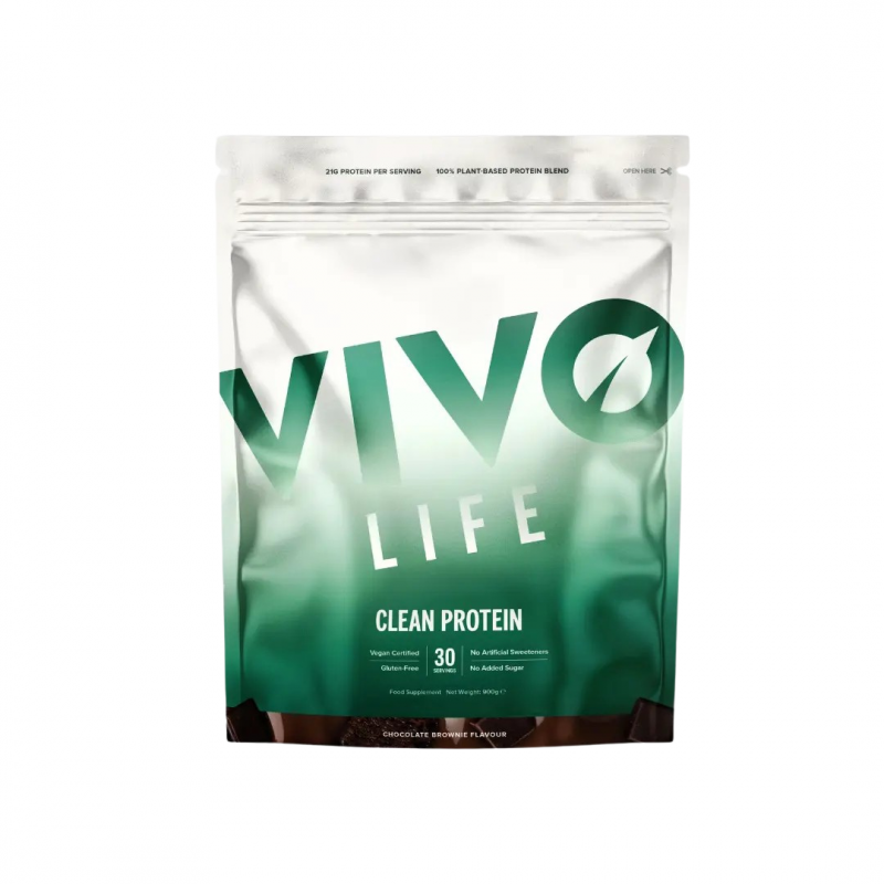 Sachet Vivo Life Clean Protein Brownie au Chocolat 900 g, protéine végétale complète vegan, sans gluten et sans lactose.