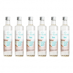 Pack de 6 bouteilles d’huile MCT C8 biologique Nutri-Beautiful de 500 ml, soit 3 litres, pour une utilisation régulière.