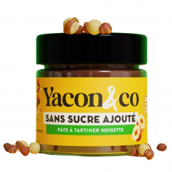 Pâte à tartiner Noisettes & Yacon Bio 200g – Yacon & Co. 50% noisettes, sucrée au sirop de yacon. Vegan.