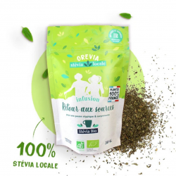 Sachet OREVIA Infusion Retour aux Sources Stévia Bio 50 g, feuilles de stévia françaises avec infusette coton réutilisable.