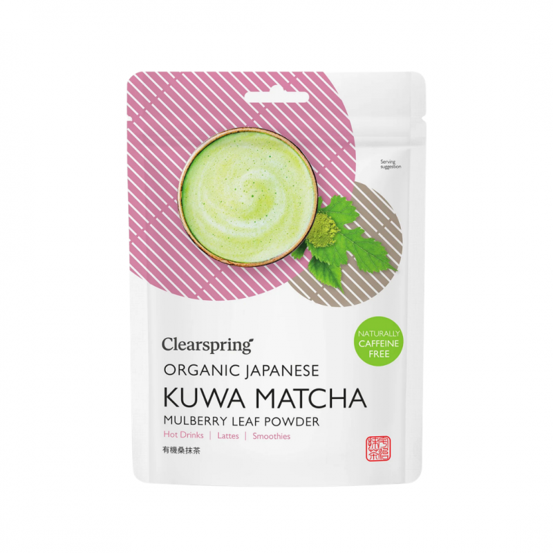 Sachet Clearspring Organic Japanese Kuwa Matcha 40 g, poudre bio de feuilles de mûrier du Japon naturellement sans caféine.