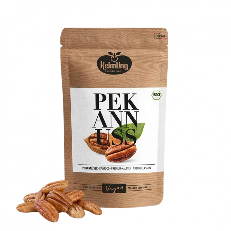 Sachet Keimling Noix de Pécan Bio Crues 150 g, moitiés de noix de pécan non grillées et non salées.