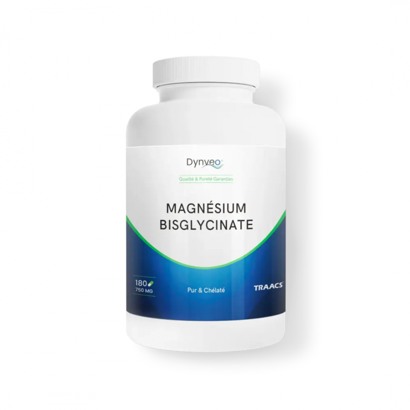 Flacon Dynveo Magnésium Bisglycinate Chélaté TRAACS® 180 gélules, apportant 75 mg de magnésium élémentaire par gélule.