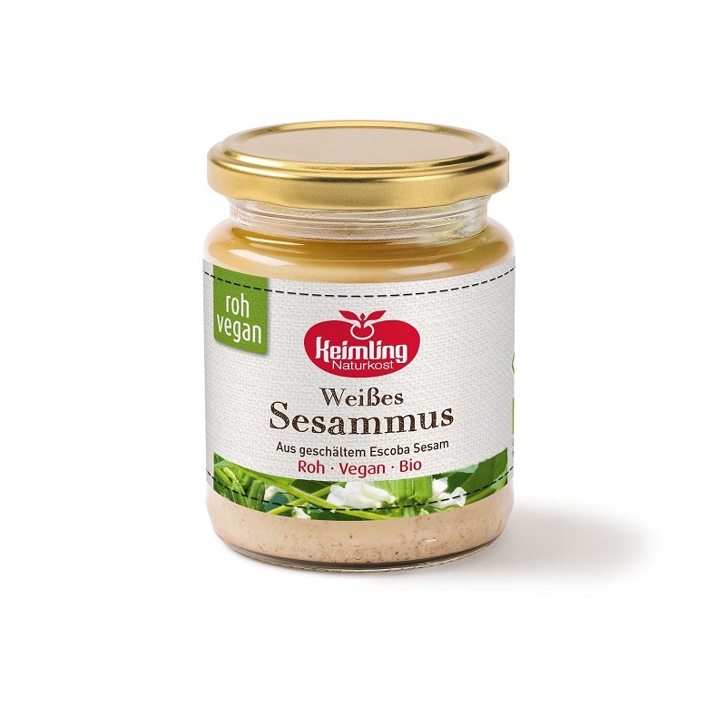 Purée de sésame blanc cru bio Keimling 250 g. Douce, riche en calcium et vitamines. Qualité crue, sans amertume, pot en verre.
