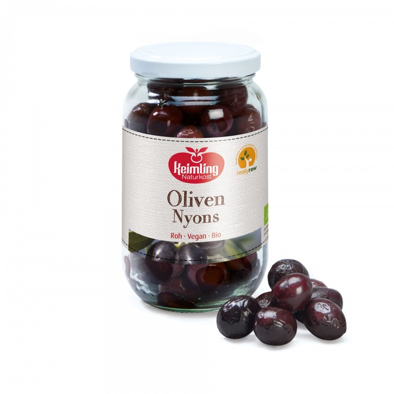 Bocal Keimling Olives Bio de Nyons 500 g, olives crues françaises avec noyau, sans saumure, sans vinaigre et sans sel ajouté.