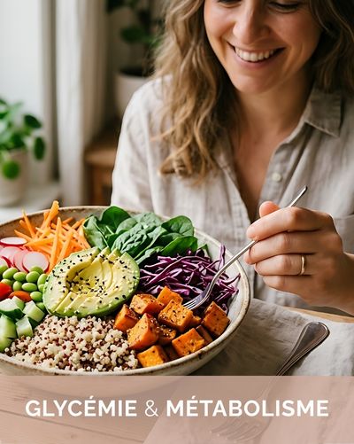 Femme devant une assiette végétale colorée – Glycémie et métabolisme